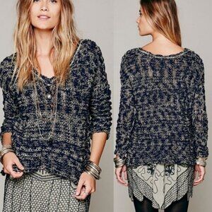 Free People V-Neck Chunky Knit Pullover Sweater Side Slit Boxy Long Sleeve‎ XS